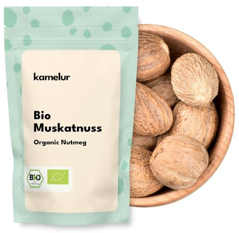 Kamelur 500g de noix de muscade BIO entières - noix de muscade cueillies à la main dans la meilleure qualité biologique - pour le moulin à noix de muscade - dans un emballage biodégradable