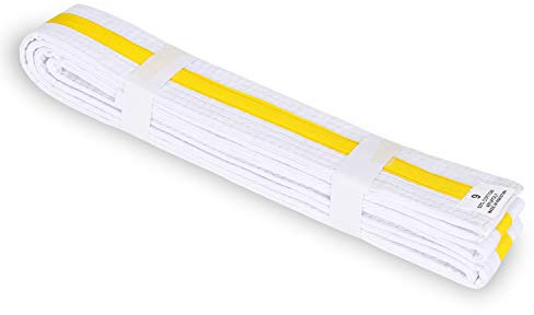 MACS White with Colored Stripe Belt 1.75'' wide Martial arts/Karate/Taekwondo (sz 0-8) (White with Yellow stripe, 1)