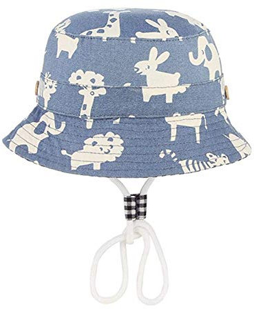 Kinder Frühling Sommer Sonnenhut Jungen Mädchen Zoo Tier Druck Fischer Hüte Baby Cartoon Baumwolle Becken Kappe mit Verstellbarem Kinnriemen (Blau, 48 6-12 Monaten)