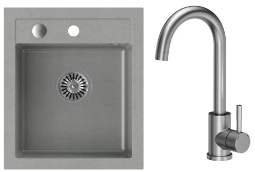VBChome Évier simple encastrable avec robinet, granite, 43 x 50 cm, gris moucheté, + siphon