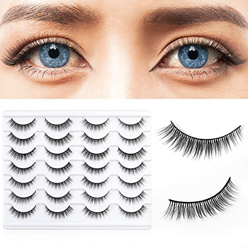 SONAFEEL Short Natural Lashes 12mm 14pairs Strip Lashes Pack 3d Mink False Eyelashes Natural Look Reusable Handmade a Little Cat Eye Effect Fake Eyelashes for Glasses wears