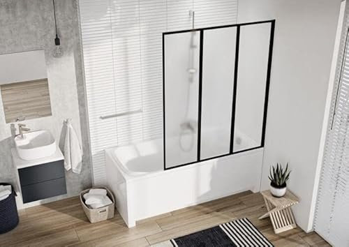 Faltwand Badewannenfaltwand Badewannenabtrennung Duschabtrennung Kunststoffglas Tropfendekor Edle Schwarze Profile 120cmx140cm BxH 3teilig Schwarz