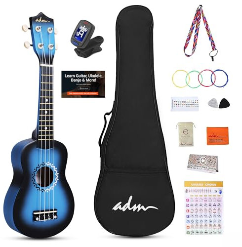 ADM Ukelele Soprano Kit 21 Pulgadas, Ukelele para Principiante Adulto con Bolso Correa Afinador, cuerdas arcoíris, mapa de acordes, correa colorida, púas, azul degradado