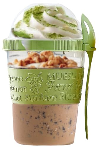 4All Reusable Yogurt Pots 600ml With Spoon Reusable Cereal Storage Containers With Lid Airtight Overnight Oats Jar BPA Free Breakfast Cup Cereal On The Go Dishwasher Safe (Green)