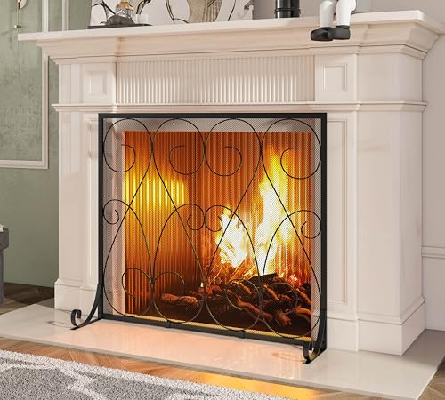 Kingson Single Panel Handcrafted Wrought Iron Symmetric Scroll Flat Fireplace Screen with Sturdy Steel Frame Durable Metal Mesh Decorative Free Standing Fireplace Spark Guard Black Finish