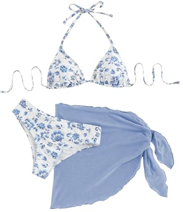 SHENHE Women's 3 Piece Floral Bikini Set with Wrap Coverup Halter Triangle Swimsuits Blue W X-Small
