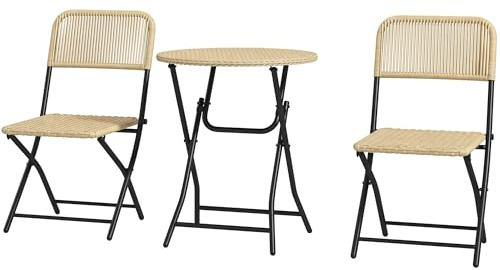 Outsunny Ensemble Salon de Jardin 2 Places Table Ronde avec 2 chaises Pliables en résine tressée et métal, Beige et Noir