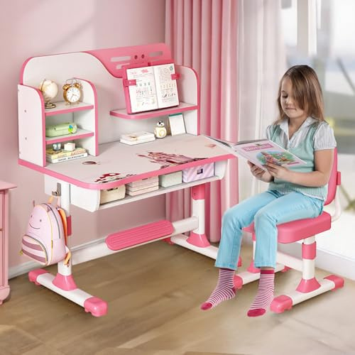 Ohfruit Juego de sillas de mesa para niños, escritorio multifuncional con cajones y almacenamiento, ajustable, estudio escolar con patrón para niños y niñas