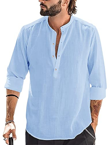Runcati Herren Baumwolle Leinenhemd Langarm Hemd Stehkragen Strandhemd Sommerhemd Elegant Shirts, Blau, XL