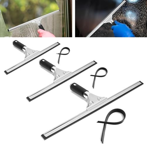 DBAILY Escobilla de Ducha Acero Inoxidable 3 PCS Rasqueta Limpiacristales Ducha Escobilla de Goma Acero Limpiacristales de Ducha y con 3 Cuchilla de Silicona de Repuesto(25/35/40CM)