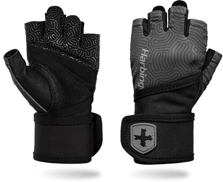 Harbinger Pro Wristwrap Gloves 3.0 - Enhanced Grip, Superior Wrist Support, Breathable 4-Way Stretch Lycra, Durable Leather Palm, Half-Finger Design for Weightlifting, Fitness Training, Large, Women's