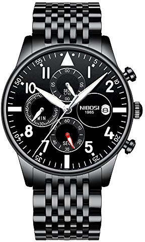 NIBOSI Orologio da Polso Cronografo, Quadrante Nero con Numeri Arabi, Cinturino in Acciaio Inossidabile Nero, Sportivo, Elegante, Raffinato, Impermeabile, Indistruttibile, alla Moda di Lusso al Quarzo