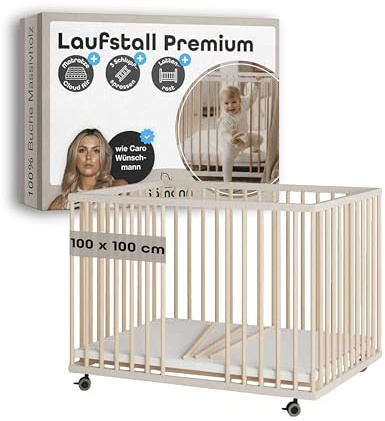 Sämann Baby Laufstall aus Holz I Sahara Dust/Natur 100x100 cm I Inkl. Matratze Cloud Air, Lattenrost & Schlupfsprossen I Höhenverstellbares Babybett I Laufgitter mit gummierten Rollen I TÜV geprüft