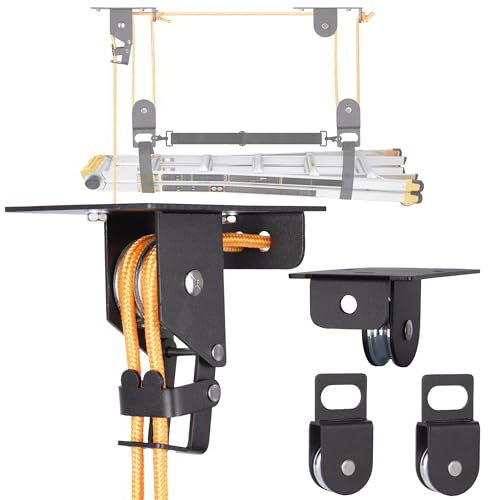 RoakyRoasy Ladder Hoist for Garage Ceiling with Metal Pulley System Holds 150 lbs, 5.5 Low-profile Self Locking Storage Lift, Parallel or Perpendicular Mounted