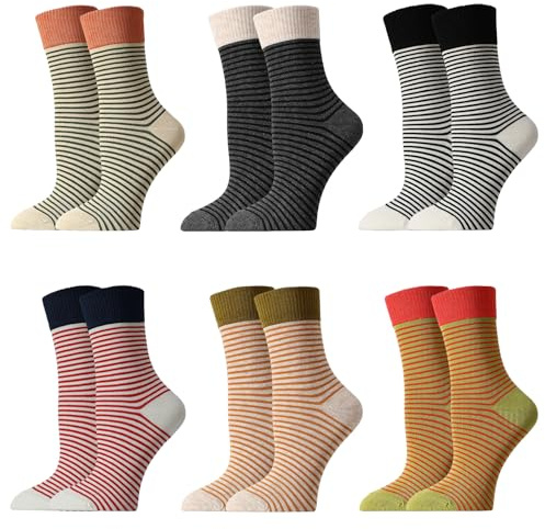 Zuimei 6 Pairs Women Cotton Socks Striped Sports Socks, Breathable Tennissocks Unisex Crewsock Cotton Mid Tube Sock, Retro Sock for Running, Walking, Tennis, Home UK 6-8
