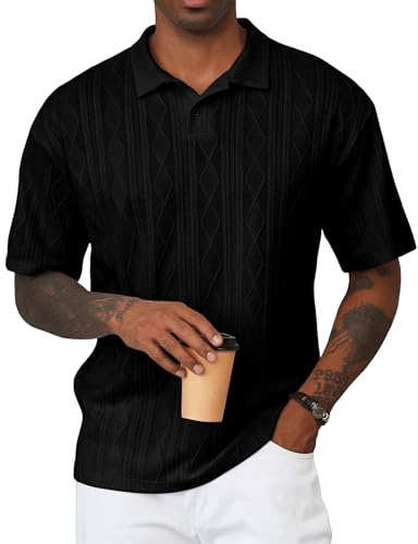 JMIERR Men's Polo Shirt Lightweight Short Sleeve Casual Beach Knitted Button Up Vacation Knit Textured Collared Shirts, M, Black