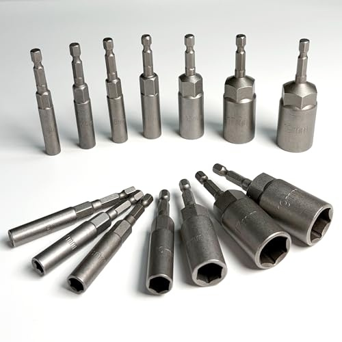 14 Pcs Deep Nut Hexagon Socket Set 6–19mm, 1/4″ Hex Shank | Long Reach Nut Setter Drill Bits, 2 Pack Power Tool Socket Drivers for Impact Driver, Quick Change