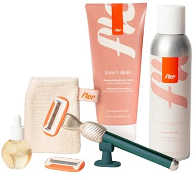 Fler Dream Team Set - Rasoio Donna, Supporto e 2 Lamette di Ricambio, Rasoi Unisex, Set con Mousse Depilazione, Olio Post Depilazione e Crema Corpo Lenitiva, Lametta con Aloe Vera (Verde, Crema 200ml)