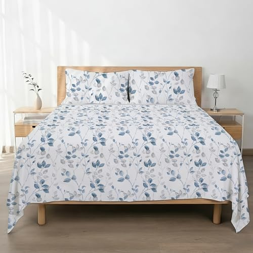 H HANSEL HOME Juego de Sábanas de Microfibra Cepillada, Sábana Bajera Ajustable Altura 30 cm, Encimera y Fundas de Almohada, para Cama 135cm, 4 Piezas 135x190/200cm - Hojas Azul Pastel