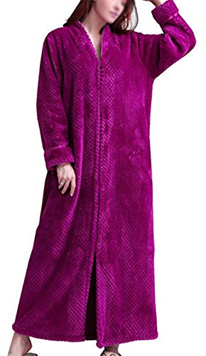 Accappatoio da donna in pile con cerniera lunga in pile, Rosso rosato, L