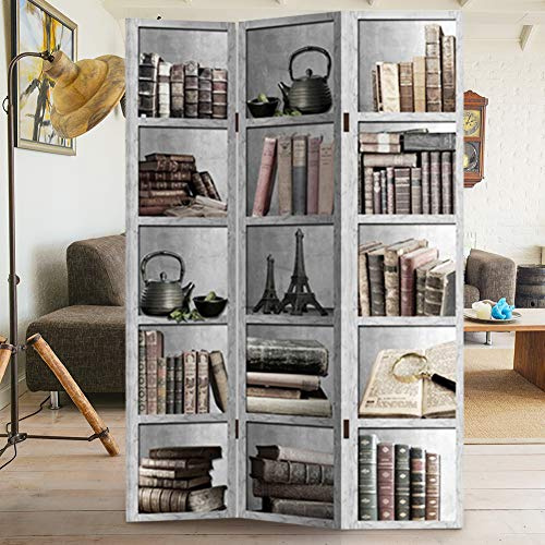 Bakaji Paravento Separè 3 Pannelli Struttura in Legno Rivestimento in Tela Con Stampa Fronte Retro Libreria Divisorio Richiudibile Pieghevole (180 x 120 cm)