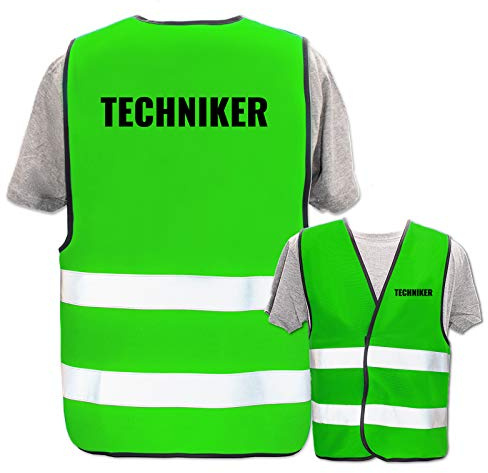 Bedruckte Marken-Warnwesten mit Leuchtstreifen * Standard- o. Reflex-Druck * Baugewerbe, Warnweste Begriffe BAU Gewerbe:Techniker, Farbe + Größe:Neon Grün (XL/XXL)