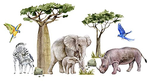 Osomehome | Wandtattoo Kinderzimmer Dschungeltiere | Tiere Wandsticker Jungzimmer | Tropische Wanddeko Babyzimmer | Bäume Wandaufkleber Jugendzimmer | Selbstklebend Tapete | os4037 190x100cm