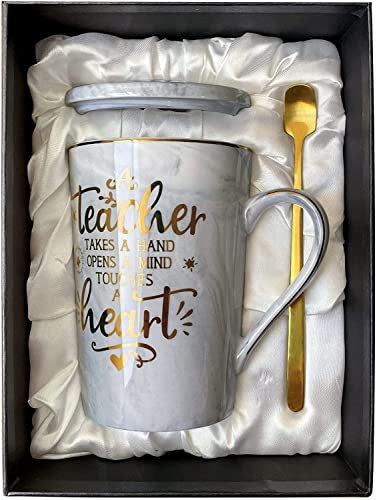 Doublewhale Teacher Gifts for Women Men, Teacher Christmas Gifts, 14oz Grey Ceramic Coffee Mug Teachers Gift Teacher's Day Profosser Mentor Gift with Prensent Box, Golden Spoon, Greeting Card