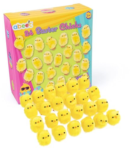 abeec 24 Pack of Easter Chicks – 24 x Yellow Fluffy Chicks for Easter Egg Hunt, Easter Bonnet & Easter Decorations – Easter Gifts for Kids