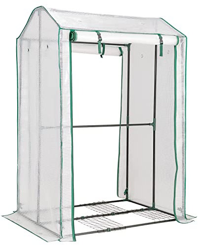 COSTWAY Walk In Greenhouse, Garden Grow Green House with 4 Shelves and Roll-up Zippered Door, Steel Frame Waterproof Mini Greenhouses (with 4 Grid, 110x90x150cm, Steel+PE)