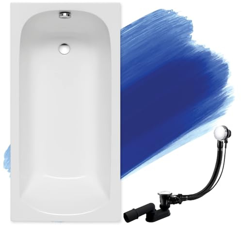 BADLAND Badewanne Original Weiß Acryl Wanne Rechteck CLASSIC SLIM 150x75 KOMPLETTSET SET + Füßen und Exklusive Chrom Automatik Ablaufgarnitur Made in EU 3in1