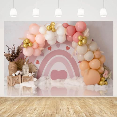 MEHOFOND 2,1x1,5 m Rosa Bohemia Regenbogen Mädchen Geburtstag Fotografie Hintergrund Luftballons Party Dekoration Pastell Baby Portrait Foto Hintergrund Banner Kuchen Smash Fotostudio Requisiten