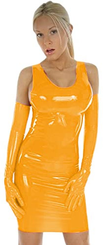 Plus Size PVC Mini Tank Dress Sexy PU Patent Leather Sheath Dress Mini Low Cut Slim Latex Nightclub Dresses with Gloves,Yellow,4XL
