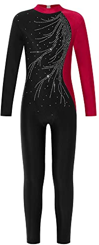 Doomiva Mädchen Turnanzug Ganzkörper Gymnastikanzug Glitzer Overall Sportbody Mit Strass Eiskunstlauf Anzug Langarm Leotard Burgundy 134-140