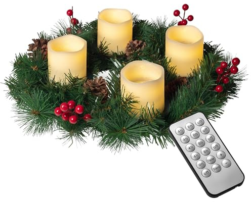 Konstgjord adventskrans, Ø 45 cm med 4 LED-ljus av äkta vax i rött eller gräddvit | praktisk fjärrkontroll med timer och ljusfunktioner | inkl. ljushållare | nålfri (kräm)