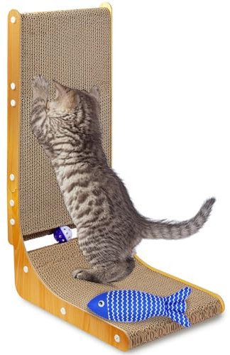 L Förmige Kratzpappe für Katzen, 68cm hohe Kratzbretter Katze mit Glockenball Blaufische und Maus, Katzen Kratzbrett aus Hochwertiger Karton, Kratzbrett Katze für Wand, für Natürliche Kratzbedürfnis