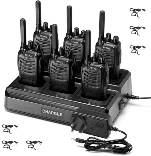Walkie Talkies PMR446 Two Way Radio pofung PT88E Walkie Talkie for Adults | 6 Way Charger License Free Long Range Rechargeable with Earpieces VOX Flashlight for Warehouse Security Church (Black 6 Pack)