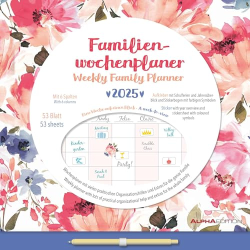 Alpha Edition - Familien Wochenkalender Flowers 2025, 30,5x30,5cm, Wochenplaner mit 6 Spalten für Termine, Tasche für lose Notizen, Kalenderwochen, internationales Kalendarium