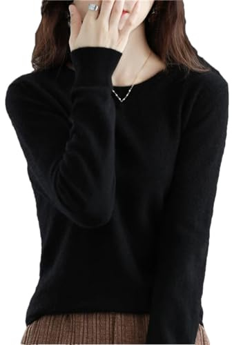 Höst vinter 100 % merinoull tröja kvinnor stickning kashmir pullover enkel V-ringning chic varma toppar, Svart, L