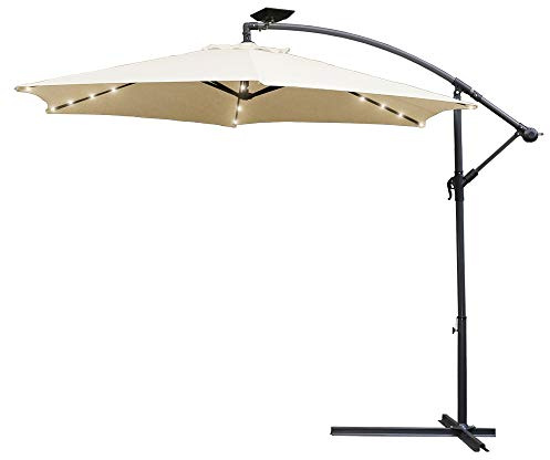 Eulenke Sonnenschirm LED Solar 350 cm, Ampelschirm mit Ständer und Kurbel, 8 Stahlverstrebungen, Neigungswinkel und Höhe verstellbar, Wasserabweisend und UV-Schutz Gartenschirm, Creme