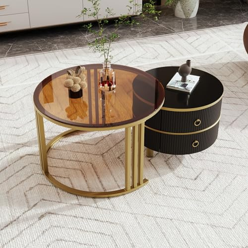 Merax Rund Couchtisch 2er Set, Moderne wohnzimmertisch mit Glas Desktop, Hochglanz Satztisch mit Schubladen, für Wohnzimmer, Balkon und Büro, Schwarz