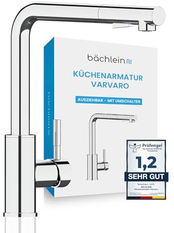 Bächlein Küchenarmatur Varvaro – 360 Grad schwenkbarer Wasserhahn für die Küche (chrom) – Einhand-Spültischbatterie aus Edelstahl mit ausziehbarem Schlauch und Brause mit Umschalter