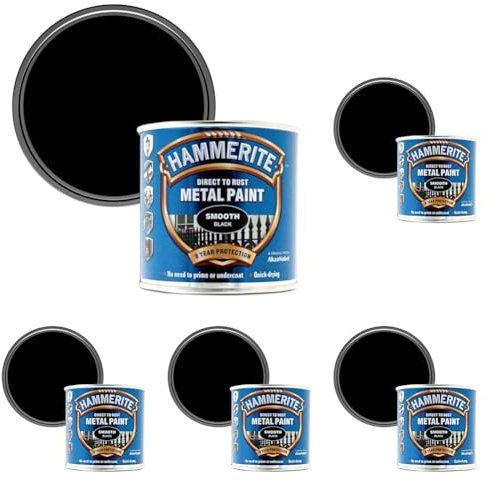 Hammerite Direct to Rust Exterior Gloss Black Metal Paint, Smooth Finish. Corrosion Resistant Black Gloss Paint and Rust Remover, 8 Year Protection - 250ml Tin 1.25 SqM Coverage (Pack of 5)
