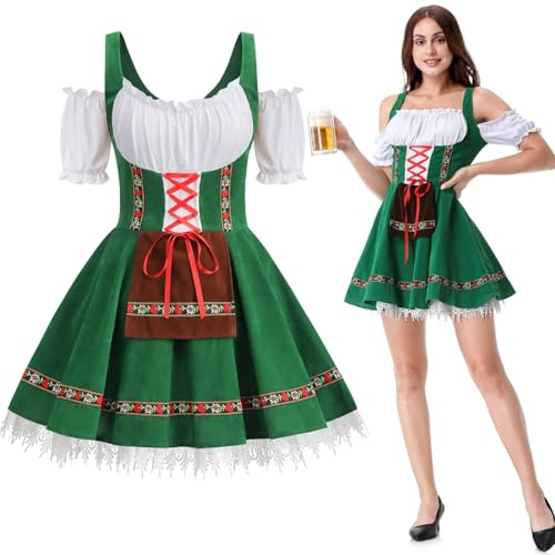 maxToonrain Vestito da donna Oktoberfest tedesco birra bavarniano abito tradizionale a sbuffo manica corta costumi di Halloween per le donne, A01-verde, S