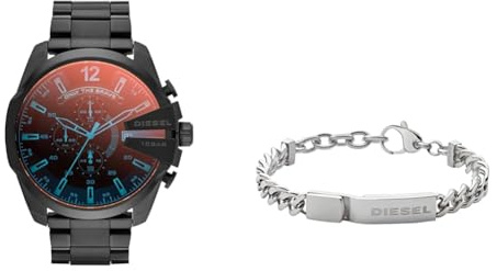 Diesel Herrenuhr Mega Chief, Chronographenwerk, 59 mm, schwarzes Edelstahlgehäuse mit Edelstahlarmband, DZ4318 & Armband Für Männer, 18 cm - 19,5 cm Silbernes Edelstahlarmband, DX0966040