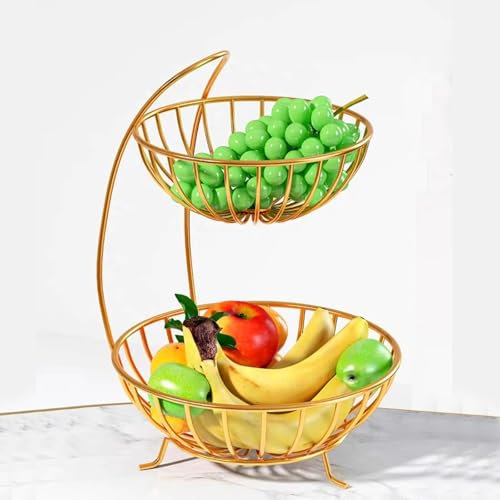 2/3 Ripiani Porta Frutta da Tavolo, Grande Carrello Portafrutta,Metallo Nero Carrelli Portafrutta Moderno, Cestino Portafrutta Decorativo E Espositore for Conservare Verdura Snack(Gold,Two Floors)