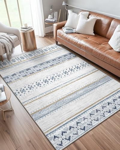 DEFYNEE Tapis Lavable Machine 90x150cm - Poil Court Moderne, Polyester Doux, Descente de Lit Résistant, Salon/Chambre, Brun Bleu