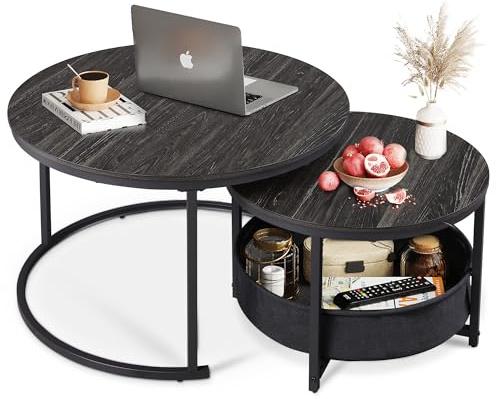 WLIVE Tavolino da Salotto, Set di 2 Tavolino Basso con Cestino in Tessuto, Stile Moderno, Design Industriale, 80/60 CM per Il Soggiorno, Nero Carbone