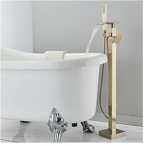 Grifo de ducha de bañera montado en el suelo Caño de cascada giratorio Grúa de baño independiente Grifo de ducha de bañera negro(Burshed Gold B)