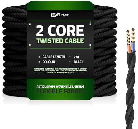 DC VOLTAGE 2m 2 Core Twisted Cable Flexible Wire Lamp Cord, 2 Conductor 6.5ft Fabric Covered Electrical Cable Antique Style Wiring Cloth Covered Braided DIY Lighting Electrical Cord (Black)
